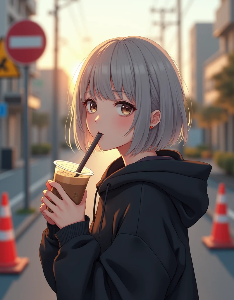 (RAW photo, best quality, masterpiece: 1.2), (photorealistic: 1.4), best lighting, 20 years old, (light gray hair, short bob cut, hair in 7 thirds, hair over one ear, Symmetrical eyes, fair skin, solo, Detailed Skin, Detailed Background:1.2),　Ukrainian girls, a black short-length hoodie, drinking a cafe latte in a transparent cup with a straw, taken in a residential area in Japan, road signs, traffic cones, sun, street trees, realistic