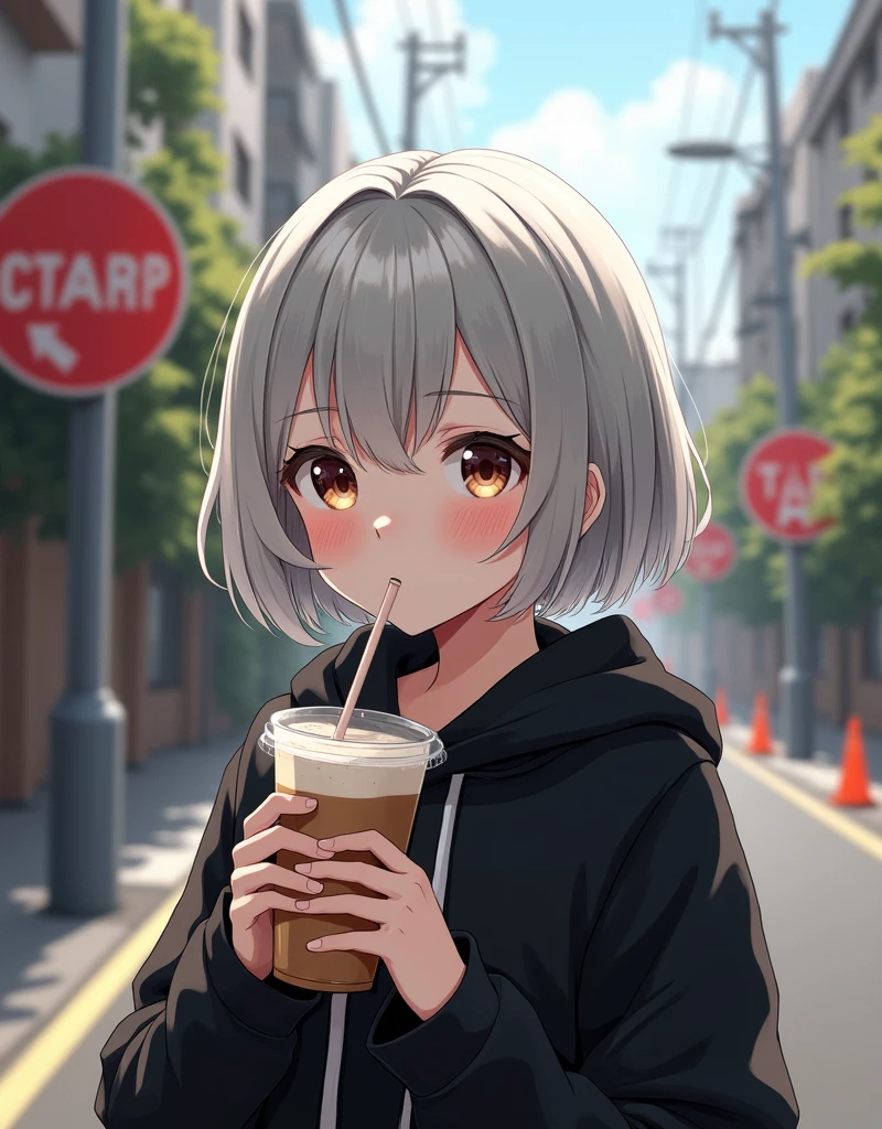 (RAW photo, best quality, masterpiece: 1.2), (photorealistic: 1.4), best lighting, 20 years old, (light gray hair, short bob cut, hair in 7 thirds, hair over one ear, Symmetrical eyes, fair skin, solo, Detailed Skin, Detailed Background:1.2),　Ukrainian girls, a black short-length hoodie, drinking a cafe latte in a transparent cup with a straw, taken in a residential area in Japan, road signs, traffic cones, sun, street trees, realistic