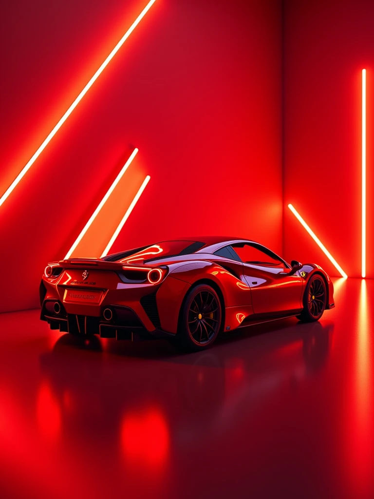 A stunning 3D render of a sleek metallic red Ferrari 488 GTB, set in a futuristic red lighting room. The car's exterior is illuminated with neon lights, and a geometric design of sharp, angular red lines dominates the background, creating an electrifying and dynamic atmosphere. The car's reflection on a shiny surface below adds depth to the composition. The overall effect is a vibrant, high-energy scene that showcases the power and elegance of the Ferrari 488 GTB., photo, 3d render, vibrant, illustration