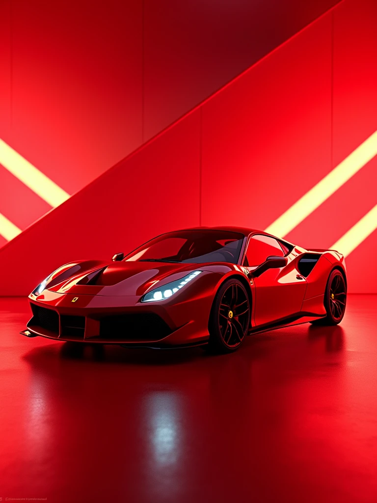 A stunning 3D render of a sleek metallic red Ferrari 488 GTB, set in a futuristic red lighting room. The car's exterior is illuminated with neon lights, and a geometric design of sharp, angular red lines dominates the background, creating an electrifying and dynamic atmosphere. The car's reflection on a shiny surface below adds depth to the composition. The overall effect is a vibrant, high-energy scene that showcases the power and elegance of the Ferrari 488 GTB., photo, 3d render, vibrant, illustration