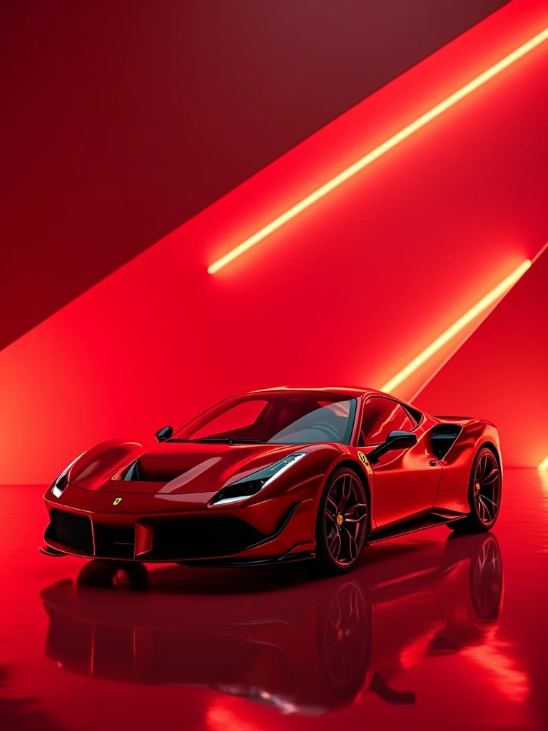 A stunning 3D render of a sleek metallic red Ferrari 488 GTB, set in a futuristic red lighting room. The car's exterior is illuminated with neon lights, and a geometric design of sharp, angular red lines dominates the background, creating an electrifying and dynamic atmosphere. The car's reflection on a shiny surface below adds depth to the composition. The overall effect is a vibrant, high-energy scene that showcases the power and elegance of the Ferrari 488 GTB., photo, 3d render, vibrant, illustration