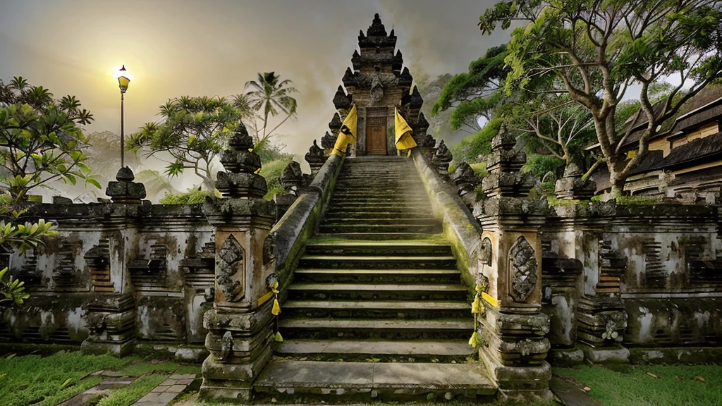 landscape, baligapura gate, stone statue, wall stone, village, stone stairs, yellow cloth, detailed, ornament, bali, tree, grass, flower, frangipani flower tree, epic, dawn, night, moon, yellow light lamp, fog, dramatic lighting, dim light, bokeh, advntr