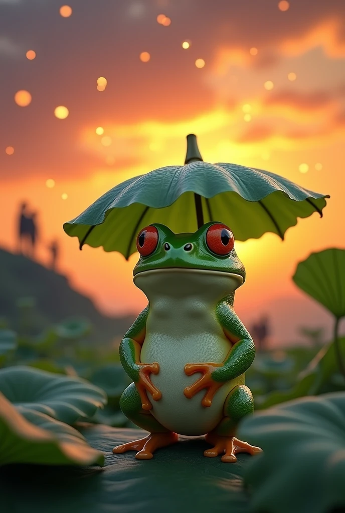 A fat green tree frog，Ultra-realistic，high resolution，Standing with a lotus leaf umbrella，letters on the screen,In the background, people are watching the sunset from atop a small hill.