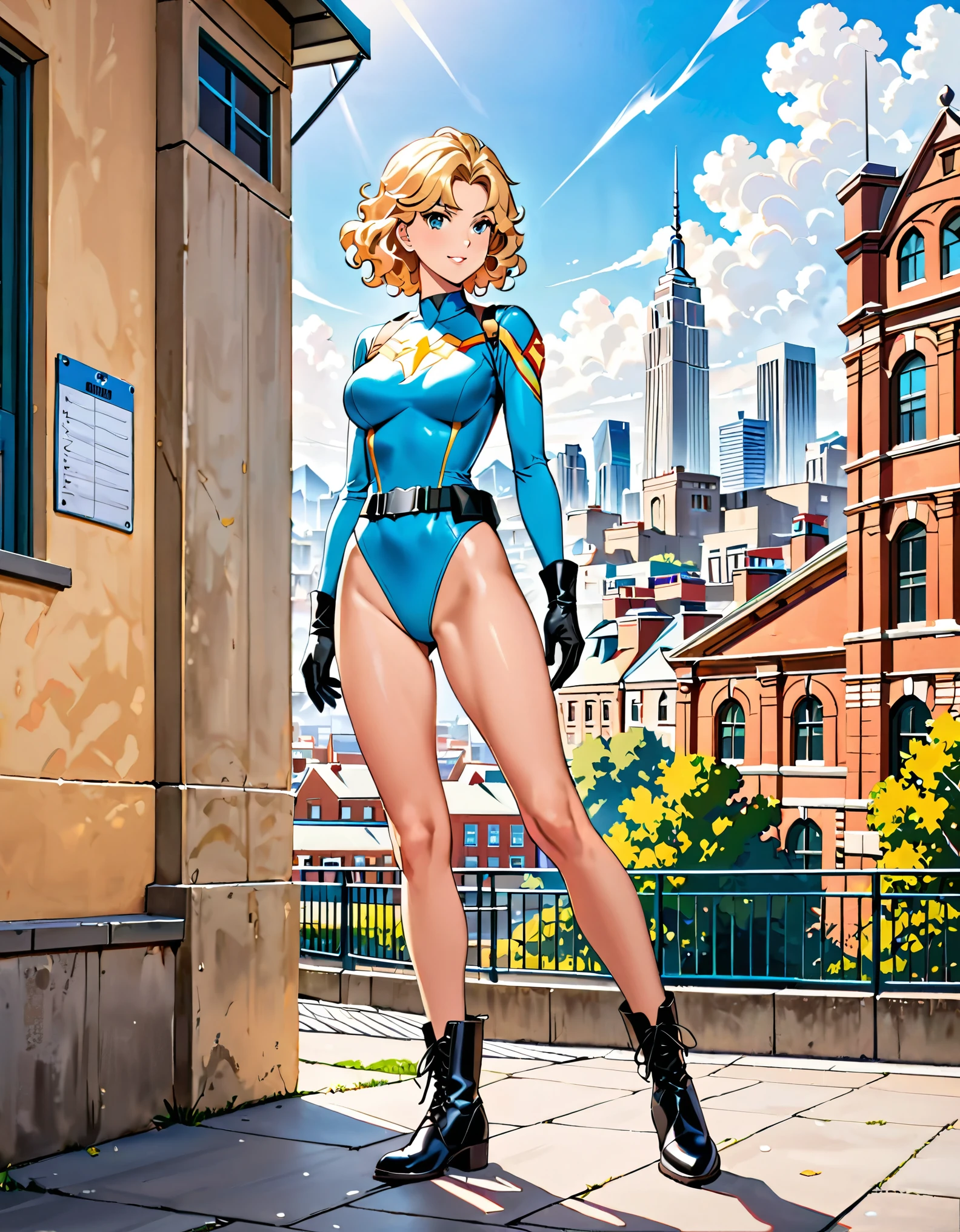 masterpiece, best quality, hires, 1girl, medium breasts, ((leotard, light blue leotard)), long sleeves, (lighting bolt /(emblem on chest/), (bare legs), ((fastened tight belt)), black boots, matching boots, black gloves, city backdrop, solo, single, standing, full body shot, cowboy shot, superhero, beautiful detailed eyes, beautiful detailed face, blonde hair, (short hair), wavy hair, high school backdrop, outdoors, mature lady, teacher, perfect body, good proportions