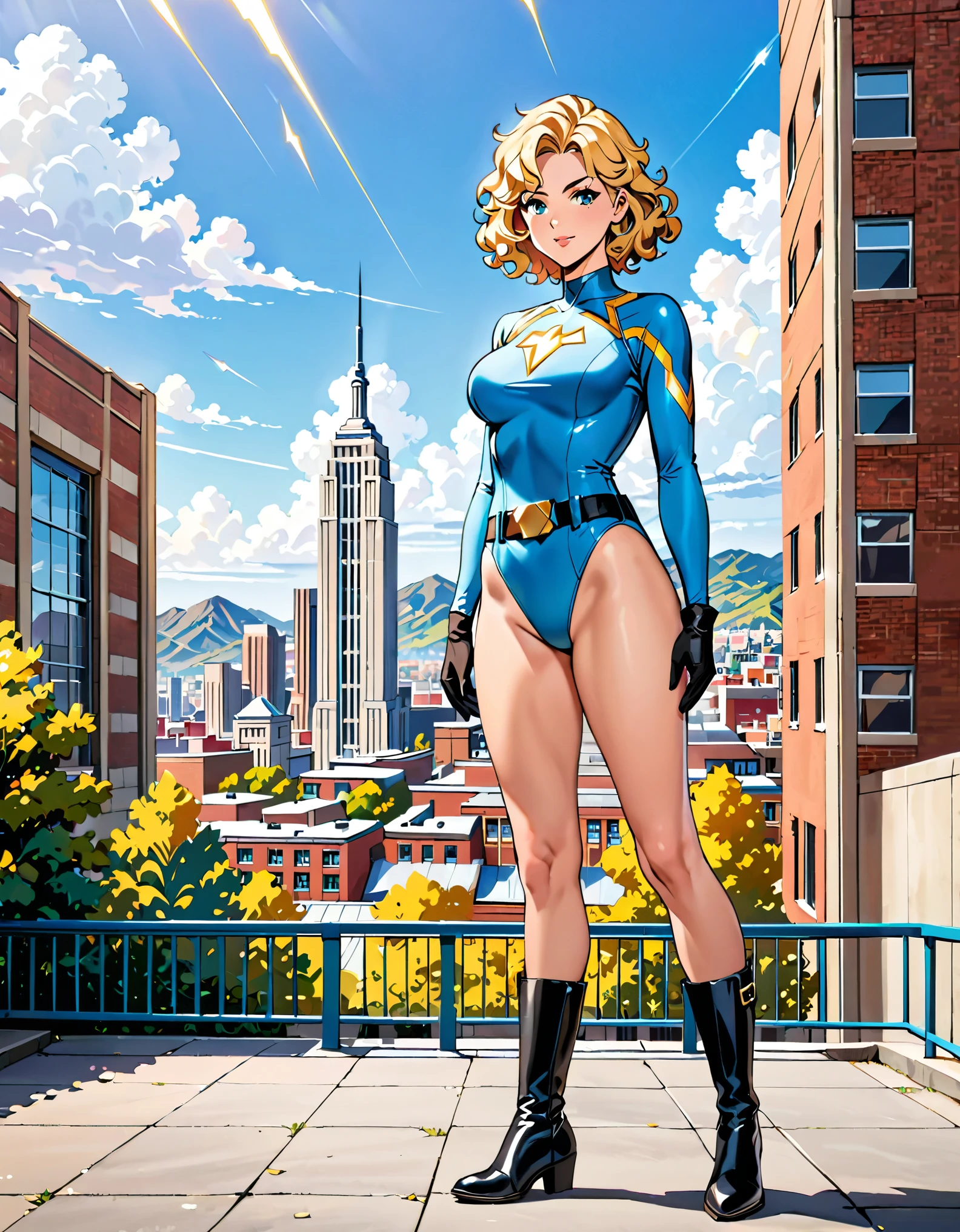 masterpiece, best quality, hires, 1girl, medium breasts, ((leotard, light blue leotard)), long sleeves, (lighting bolt /(emblem on chest/), (bare legs), ((fastened tight belt)), black boots, matching boots, black gloves, city backdrop, solo, single, standing, full body shot, cowboy shot, superhero, beautiful detailed eyes, beautiful detailed face, blonde hair, (short hair), wavy hair, high school backdrop, outdoors, mature lady, teacher, perfect body, good proportions