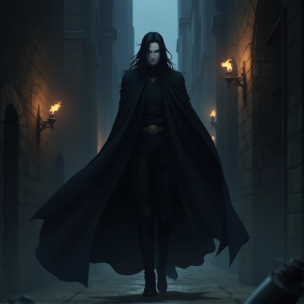 An anime character: White man with black eyes. Her long, black hair. He wears a black cloak.. Ao fundo, a dark medieval setting with an atmosphere of mystery and intensity.
