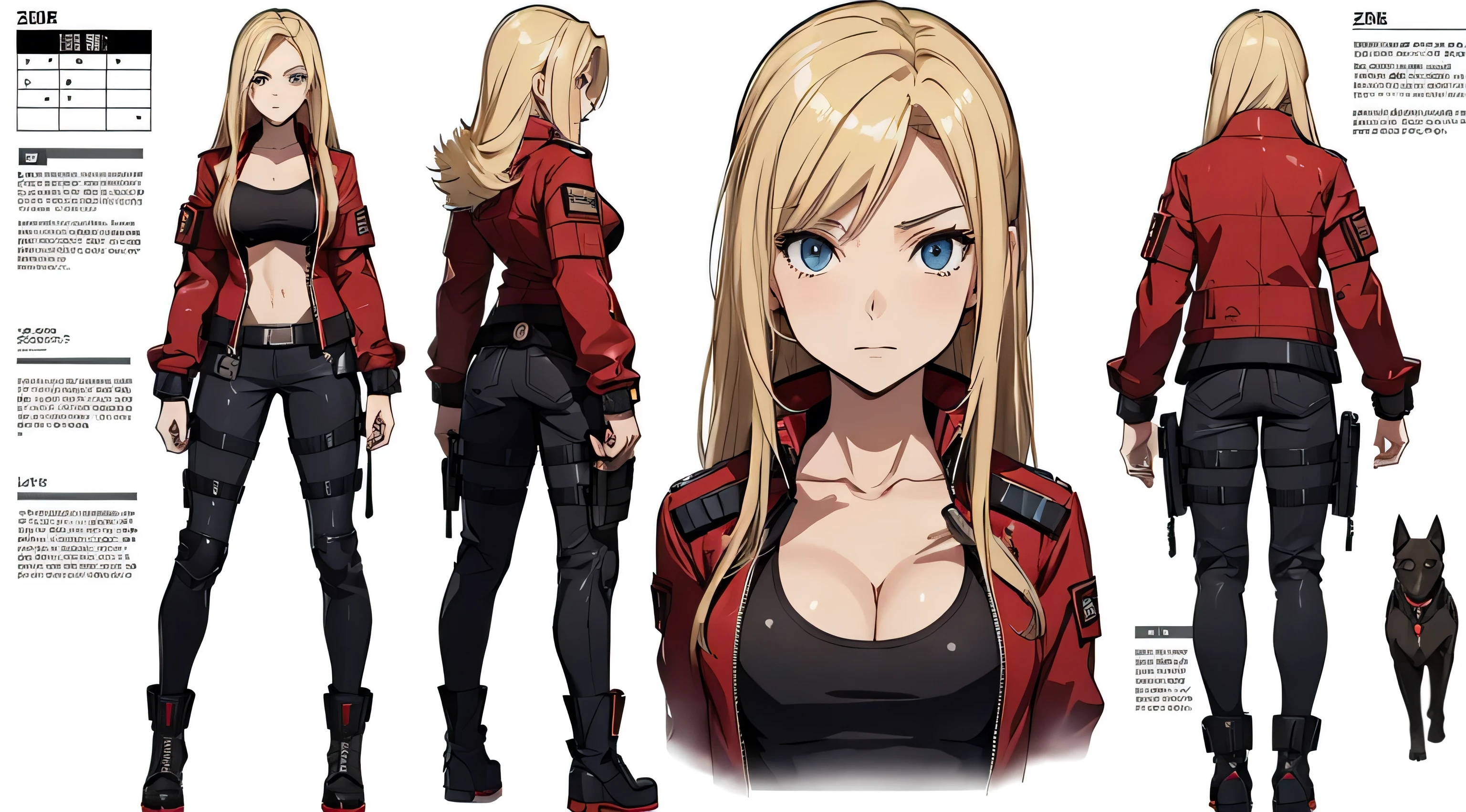 A woman, anime, 20 years old, long blonde hair, tall boots, futuristic red jacket, tank top, cleavage, military pants, tech equipment, Jill valentine, dog tag, various angles, (front, back, side), character sheet, model sheet, reference sheet.