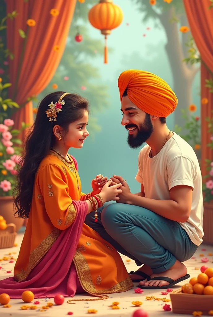 Sister wearing punjabi suit + tying rakhi on sikh brother weaing tshirt pants+ no hairs out of turban + and cartoon style kids + realistic sikh + rakhi