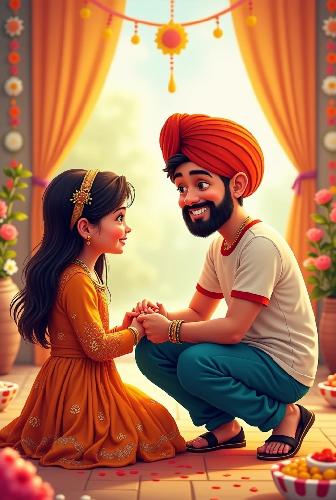 Sister wearing punjabi suit + tying rakhi on sikh brother weaing tshirt pants+ no hairs out of turban + and cartoon style kids + realistic sikh + rakhi