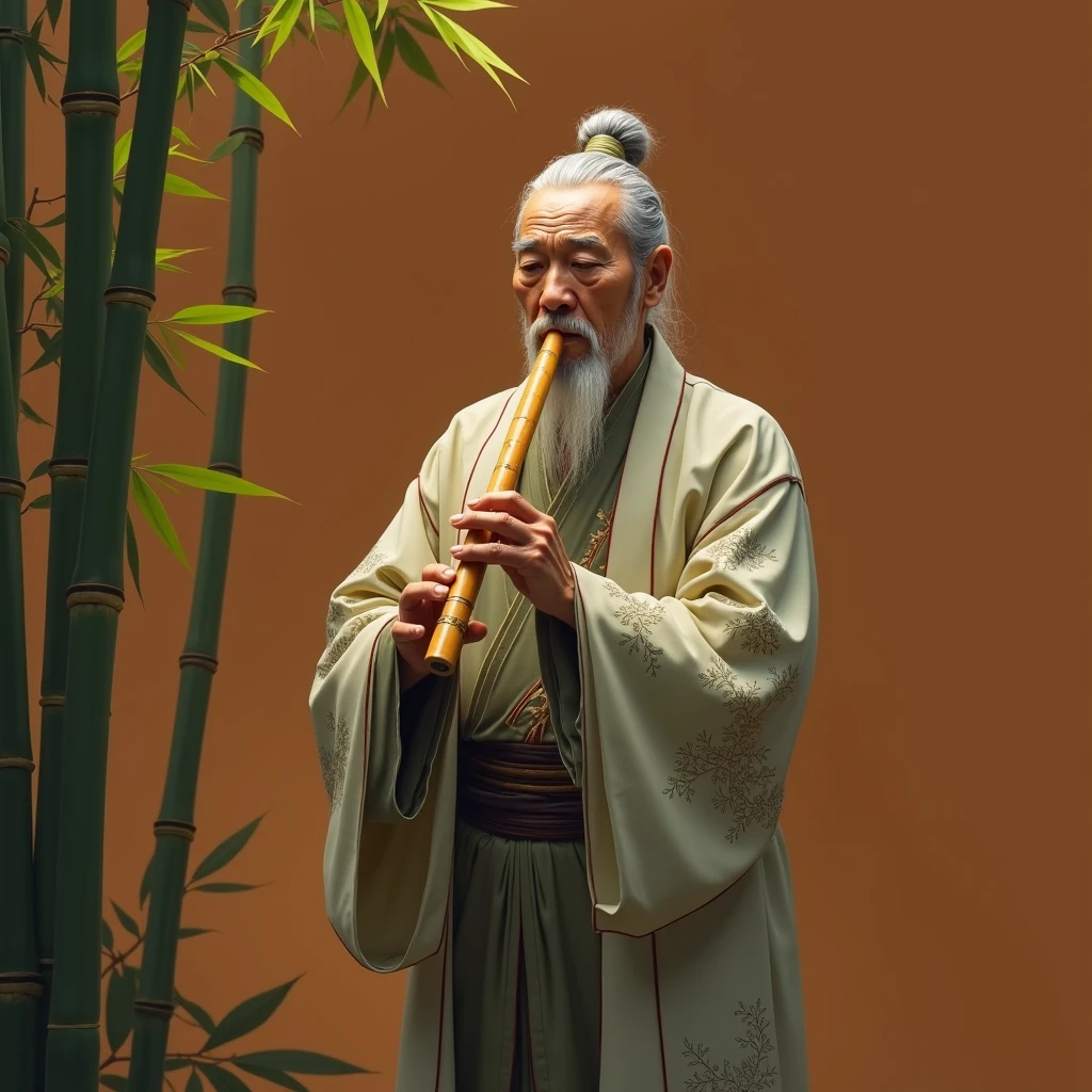 (A scene of a bamboo forest with a fantastical atmosphere;1.2)、Cool sounds echo from the bamboo grove.、An old man, a spirit of the bamboo, plays a bamboo flute.、Bamboo leaves rustle and fall in time with the melody.、The old man wears a strange garment, resembling both a Japanese kimono and a hermit's robe.、(Highest quality、masterpiece)、4K、wallpaper、