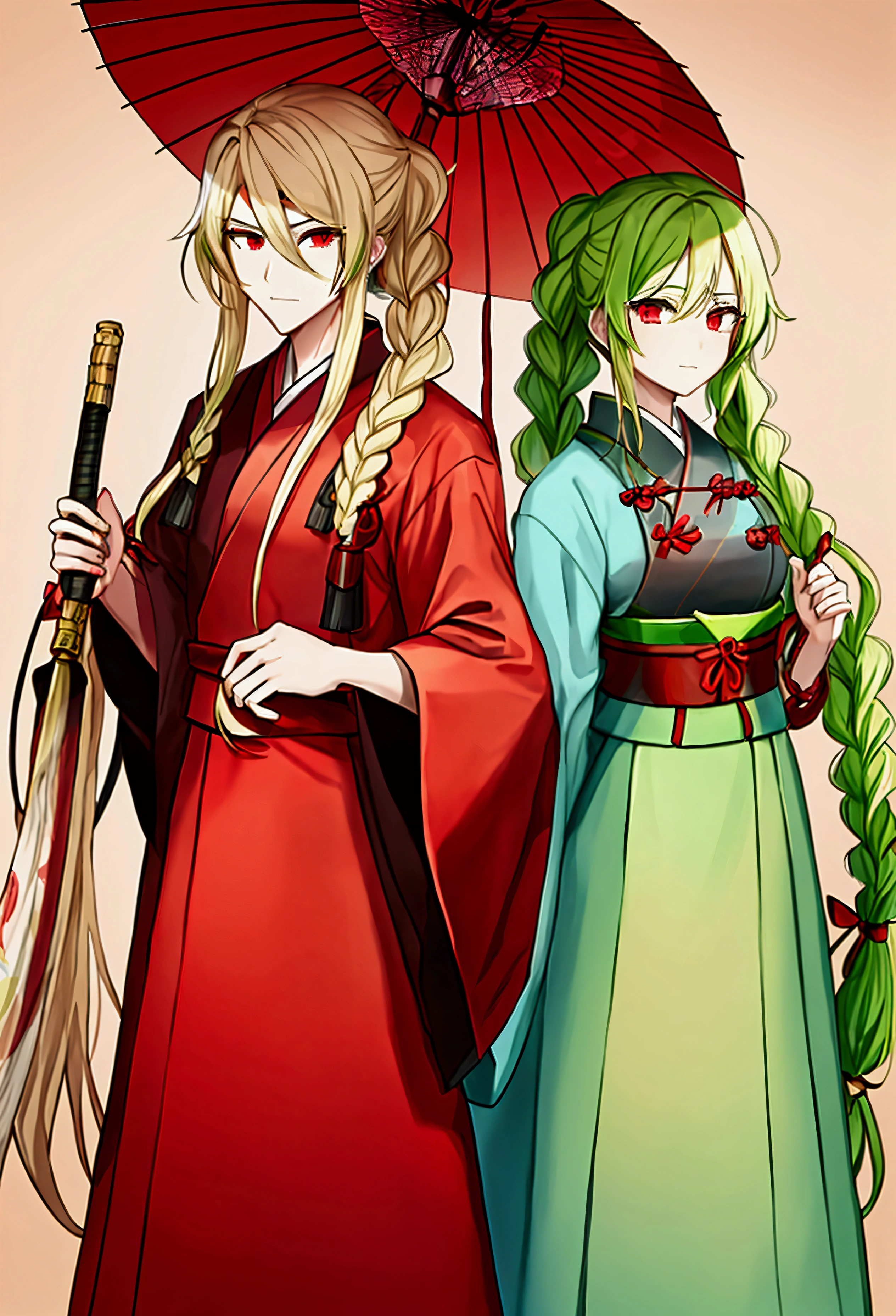 an older brother, Long haired with braids and blonde with red eyes protecting his younger sister who has short green hair and the same red eyes. The older one is holding an umbrella to cover both of them from the sun. They are both dressed in Taisho era clothing with people around them carrying weapons.