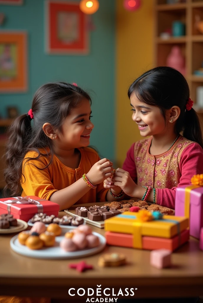 A sister tying rakhi to her brother in his wrist, chocolates and sweets in the table along with gifts .In bottom write "- 
 CODECLASS ACADEMY"