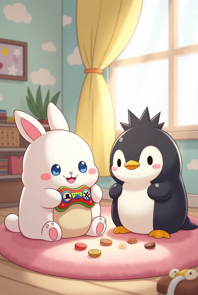 Make me an image of Sanrio's Cinnamoroll and Badtz-Maru playing video games 