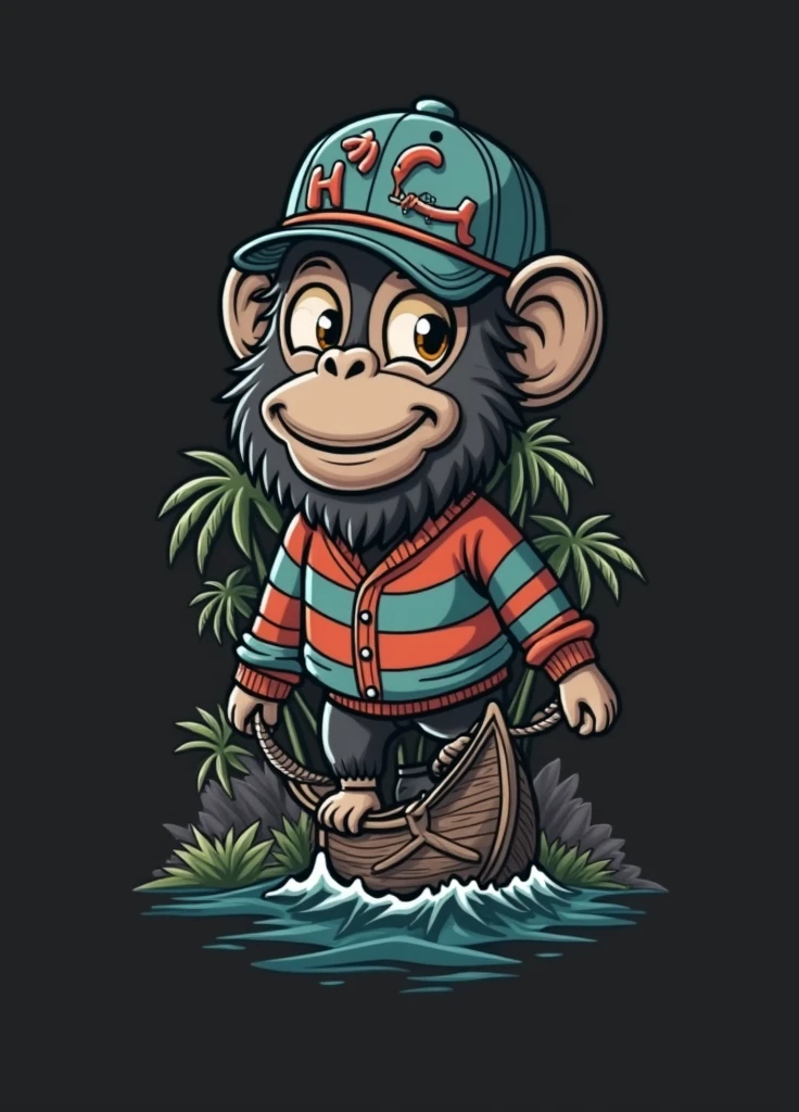 create a logo of a bearded monkey caravel wearing a baseball cap and a sweater