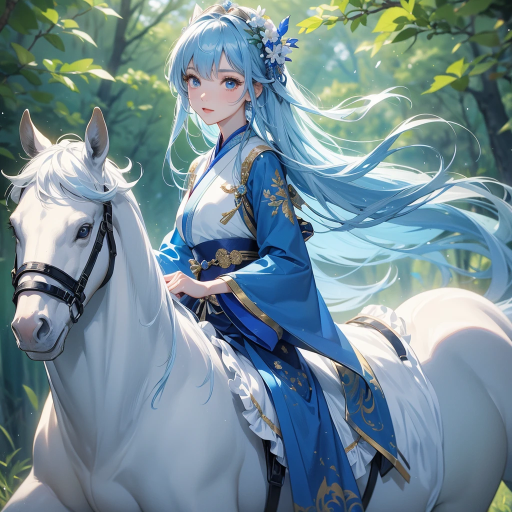 A beautiful female in blue hanfu dress , riding on  the white horse in the forest ,close up
