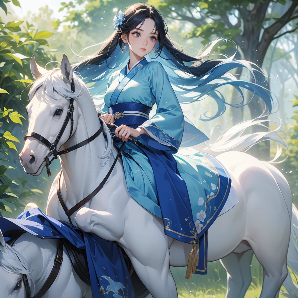 A beautiful female in blue hanfu dress , riding on the white horse in the forest ,close up