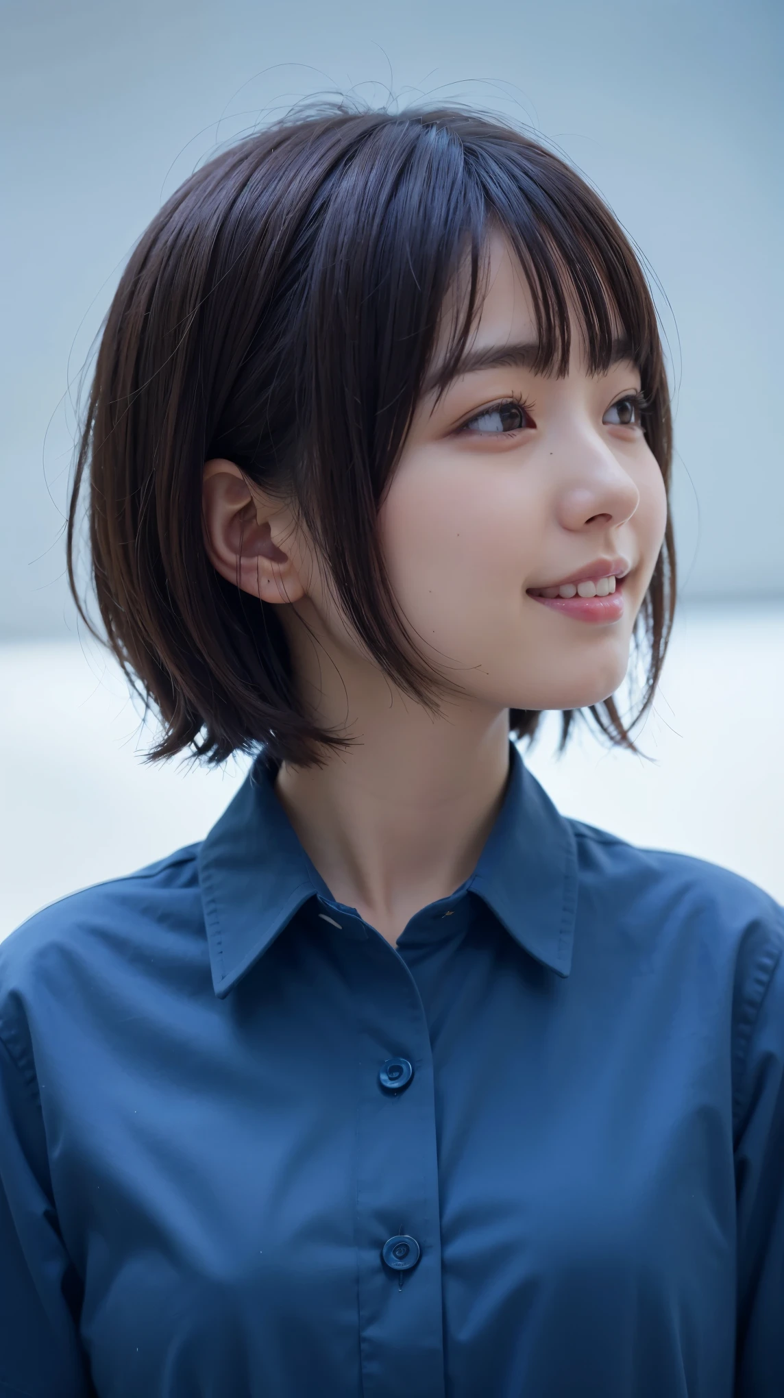 Realistic、masterpiece、Highest quality、Highest quality、8k、RAW Photos、Cinema Lighting、Very cute one、short hair、reduce hair volume、Blue background、Upper Body、Photo of your face、profile、Eyes focus、Collared shirt、Laughter、Hmph、The depth of the written world、Wide Light、High Contrast、Shine、chromatic aberration、Sharp focus、Raw color photography