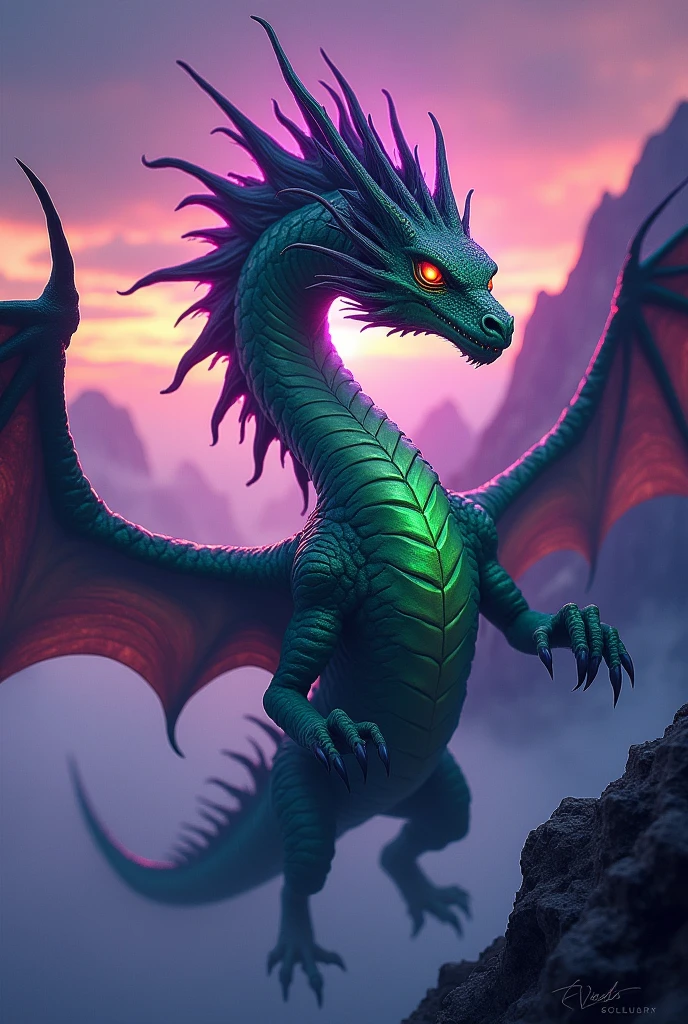 A mohawk dragon with a purple aura