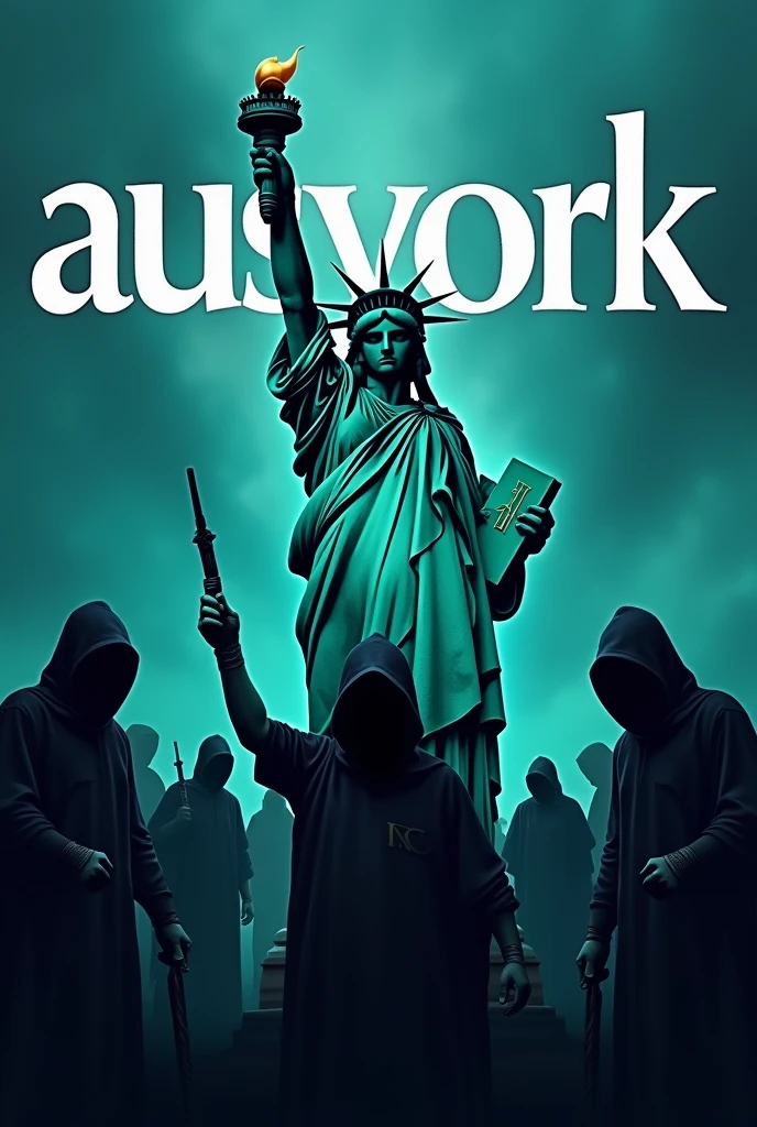 Realistic logo of the Statue of Liberty accompanied by hooded people with weapons in blue tones that says "ausyork"