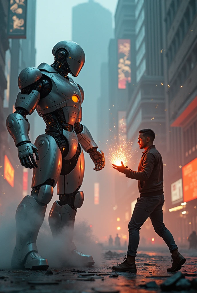 A final confrontation between the robot leader, an imposing figure with an advanced design, and the leader of the humans, armed with a device that could disable all robots. Just before the human leader activates it, the screen cuts abruptly.
