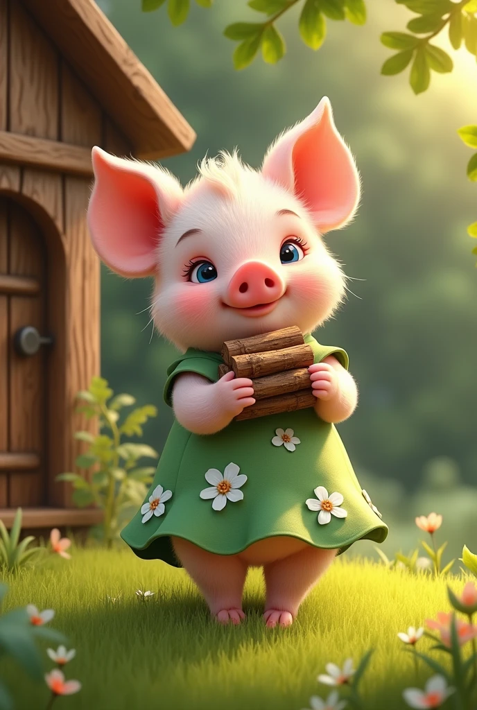 full-body illustration, (1piglet:1.2), (cute and chubby:1.3), carrying a heap of wooden logs in hand, wearing a green floral dress with white flowers, standing on hind legs, (adorable expression:1.3), big blue eyes, small snout, (realistic fur texture), (nature background:1.2), surrounded by grass, ((building a small house made of wooden sticks)), standing in front of a small wooden house made of wooden logs and beautiful wooden door, sunlight filtering through the leaves, (soft lighting:1.3), (warm and bright color scheme:1.3), (highly detailed), (ultra quality:1.3), (masterpiece), (digital art), 8K resolution, HDR, depth of field, (soft shadows), (photorealistic:1.3), (animation:1.2), (by Greg Rutkowski:0.9), (in the style of Alphonse Mucha), trending on ArtStation, award-winning art