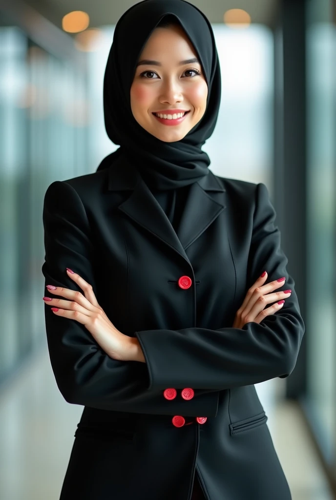 "Provide a detailed description and potential marketing ideas for a woman in a professional setting, wearing a sleek black corporate uniform with a hijab. The uniform features red accents on the buttons and cuffs, giving it a modern yet modest appearance. Focus on the significance of stylish yet comfortable corporate attire for women in a professional environment, especially for those who value elegance combined with modesty."