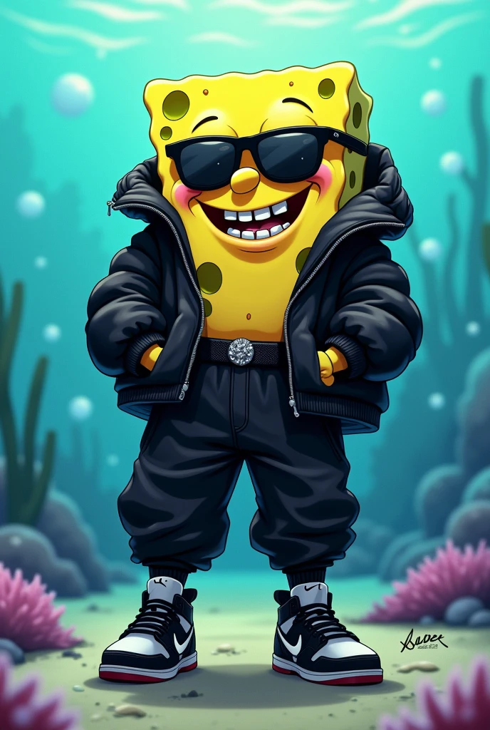 SpongeBob with black puffer jacket, black shades on, black saggy sweatpants, black cat Jordan 4’s on his feet, with diamond grills on, with the word kaliber below it