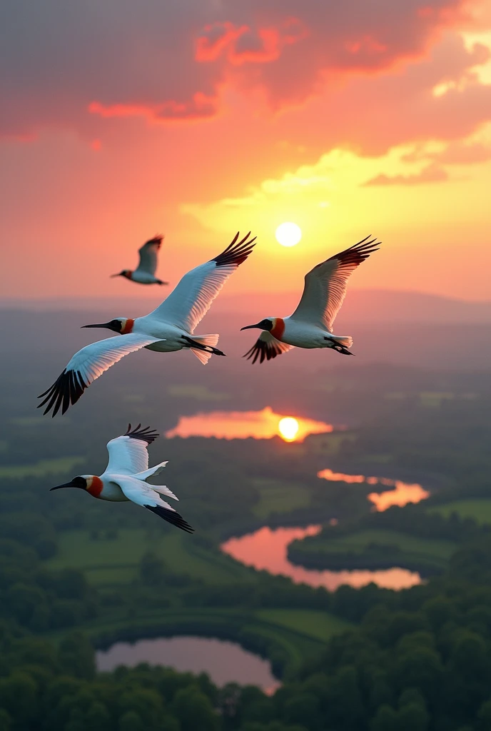 They are flying to migrate, white with a black head and a little red