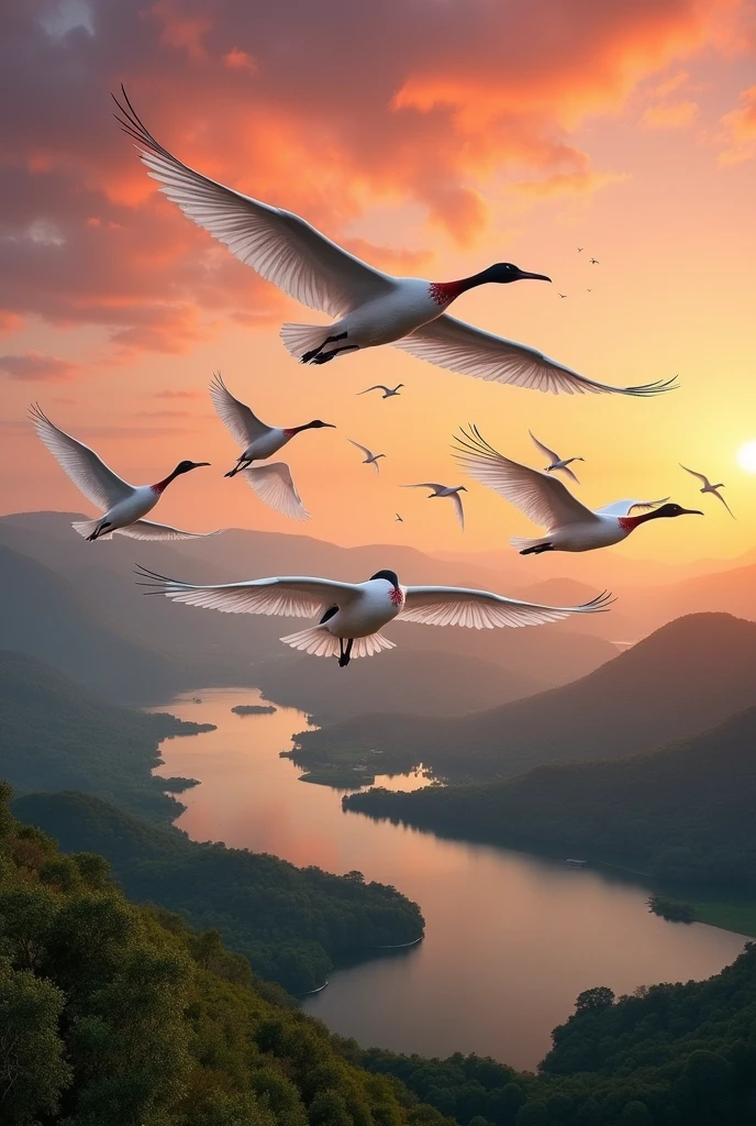 They are flying to migrate, white with a black head and a little red