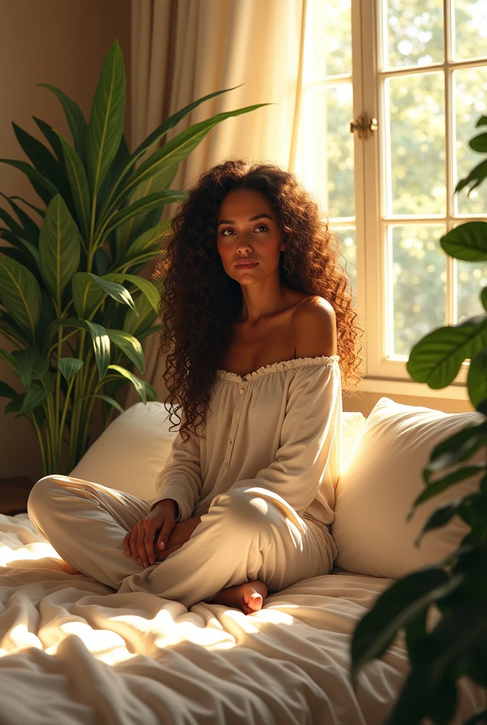 (photorealism:1.2), beautiful woman, sitting on bed, wearing loose off-shoulder top, pajama pants, long curly hair, indoors, soft lighting, plants in background, window with sunlight, cozy room, relaxed pose, realistic, intricate details, warm colors, by Greg Rutkowski, by Alphonse Mucha