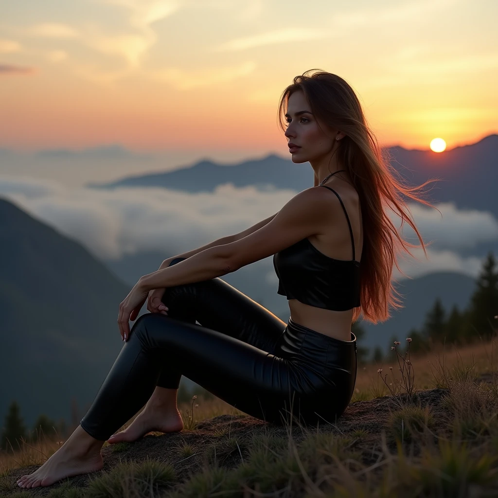 Very beautiful Slavic woman, pale skin, long light brown hair, muscular, Sitting on a hill, She wears a black silk blouse and leather pants, mountains, The fog is creeping,Low clouds lie in the valley, indigo, Sundown, photo, body complet, sharp-focus, dynamic sexy pose, Helios 44-2, swirling bokeh, sharp-focus, Complicated details, higly detailed, sharpness, Character portrait, perfect lighting, tmasterpiece, Detailed background, Movie Lighting, 8k