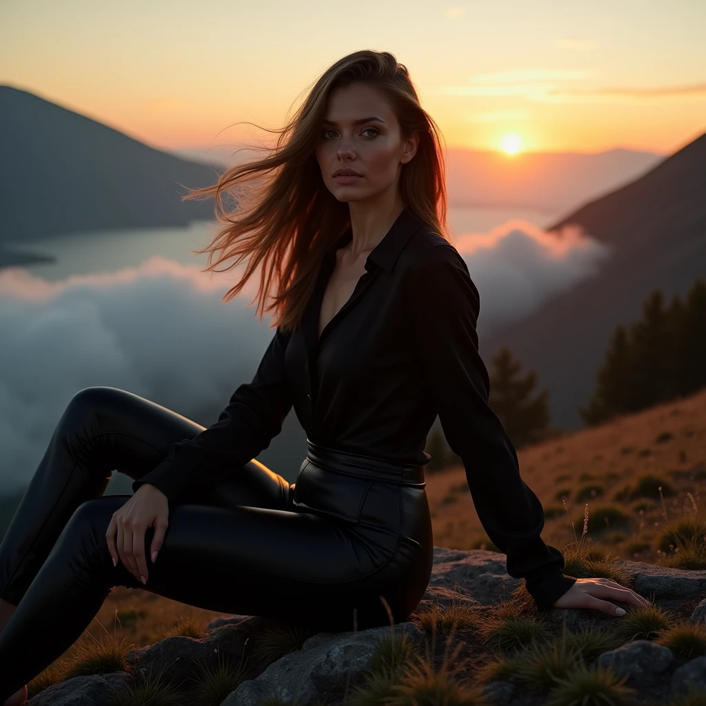 Very beautiful Slavic woman, pale skin, long light brown hair, muscular, Sitting on a hill, She wears a black silk blouse and leather pants, mountains, The fog is creeping,Low clouds lie in the valley, indigo, Sundown, photo, body complet, sharp-focus, dynamic sexy pose, Helios 44-2, swirling bokeh, sharp-focus, Complicated details, higly detailed, sharpness, Character portrait, perfect lighting, tmasterpiece, Detailed background, Movie Lighting, 8k