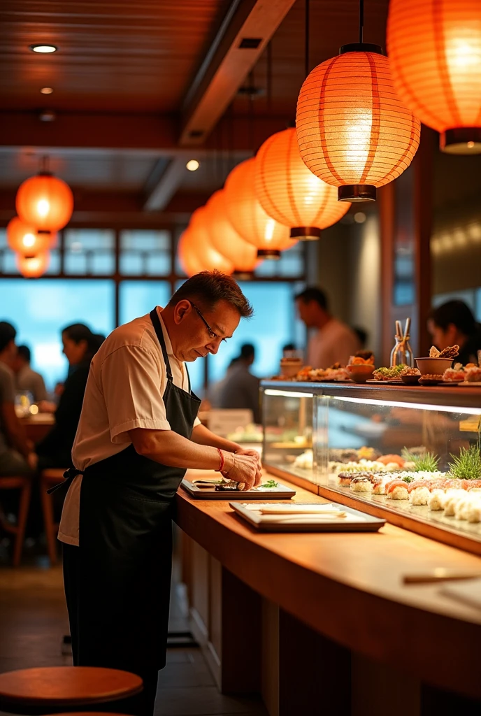 Interior of a sushi restaurant shot from the left diagonal above。There is a curved counter on the right and a display case with fish.。There are quite a few customers eating sushi。All Japan。
A middle-aged, skilled sushi chef is making sushi。
Image viewed from an oblique angle。