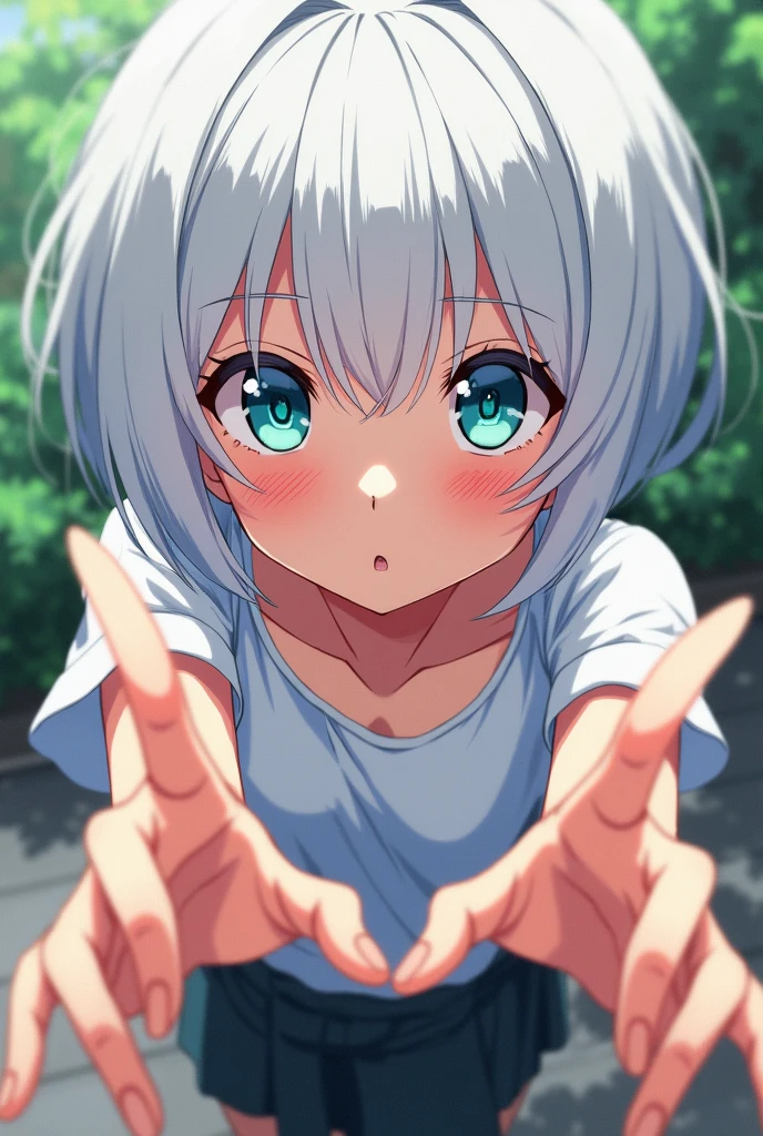 anime style, young adult woman, with the right eye blue and the left eye green, short white hair.
The woman is leaning forward, is leaning forward.
The perspective is making the hands and head look larger compared to the rest of the body.
The right hand (from the viewer's perspective) is closer to the camera, with her fingers extended forward. The left hand is also extended, but a little further back.