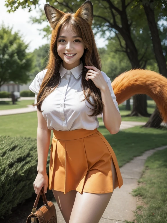 ((Highest quality, 8k)), ((masterpiece)), (Highest Resolution), Perfect Face, Fox Woman, Female college student, Beautiful woman, Outdoor, only one tail, she has thick thighs, Her large tail, Her orange fox tail, She wags her tail, Smiling with teeth showing, Fur collar, she is wearing a short skirt, Big Breasts, Beautiful Hips , The fox tail is sticking out from her skirt.