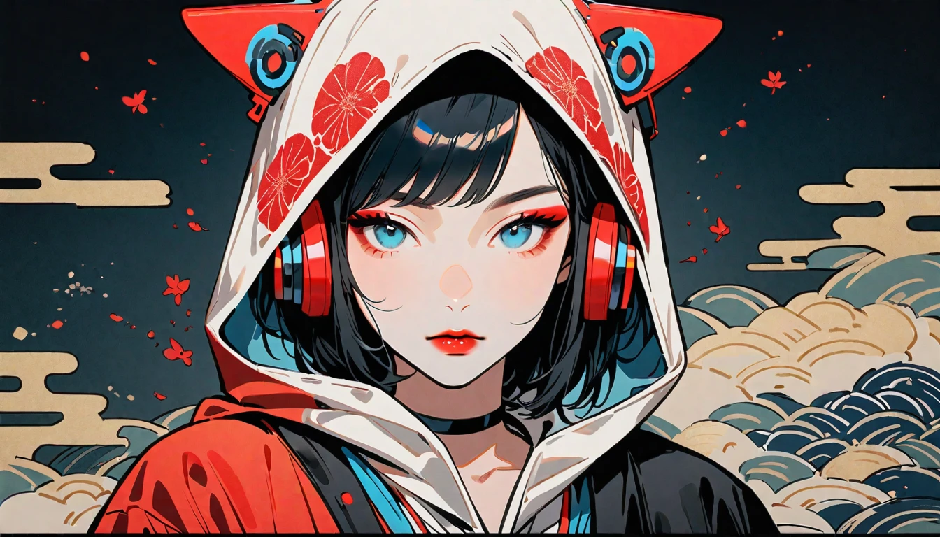 (((Ink Painting))), Fashion portrait color photography, (((1 person))), (((Flashy makeup))), (((Japanese style headphones))), (((Japanese pattern hoodie))), (((Wear a hood))), Japan人の美少女, Black Hair, Delicate and precise, Modern ukiyo-e style,Japan, Japanese flag, red and blue neon