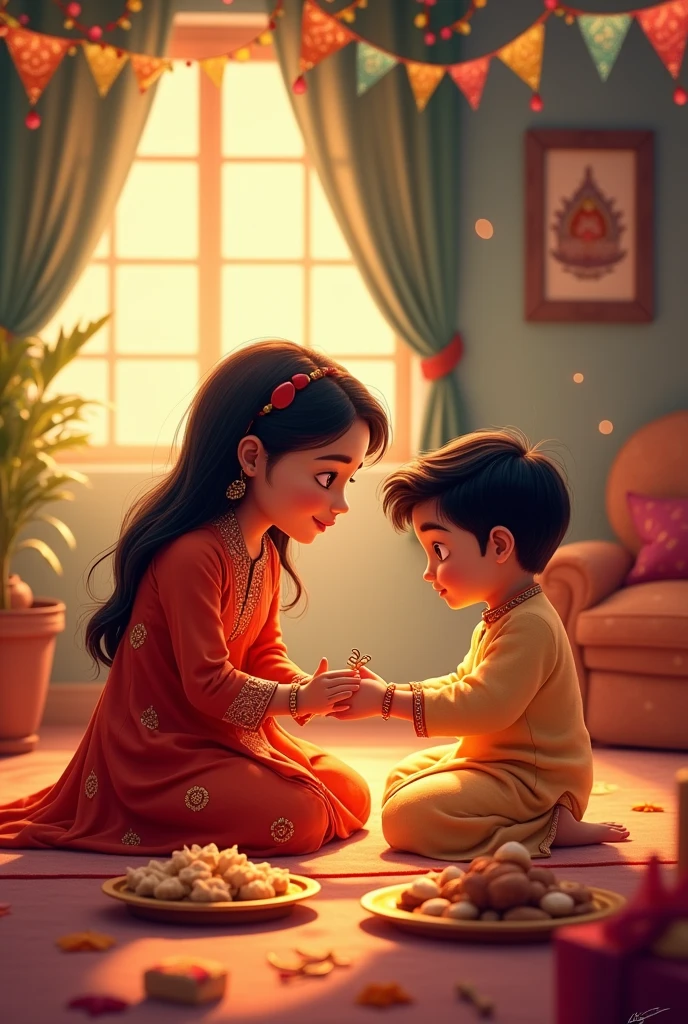 In a beutiful house and festive background on floor a elder sister female dressed in a kurta and a younger brother dressed in kurta and both are of white skin tone celebrating rakhi festival. a elder sister tying rakhi (a hand bracelet of om pendant) to her brother. With sweets and gifts around in a animated characters