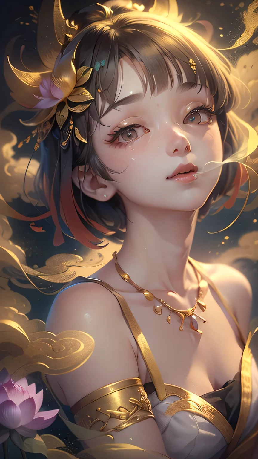 Fantasy,8k,Highly detailed CG unit wallpaper, masterpiece,High resolution,Highest quality,Highest quality real texture skin,,Increase the resolution,RAW Photos,Highest quality,Very detailed,wallpaper,Cinema Lighting,Ray Tracing,Golden Ratio, Very colorful,Colorful otherworldly extremely, cute anime face, (((Flat Chest))), (Flat Chest:1.1),((((Short Bob Hair)))),Complex eyes,beautiful detailed eyes,Symmetrical eyes,(((Details face))),beautiful detailed lips, Young Face,Short stature,Pretty face, (((Embarrassing))),(Reaching the peak and looking up at the sky),(My heart is pounding with anticipation.)、Mesh Camisole,(very noble ,, godliness,Three thousand worlds,infinite happiness,joy,no gravity,milky way,background\(heaven\),in the Thick Fog,(Thick Fog:1.5)\),\(below heaven,look up\),(Thick Fog:1.5),Color is empty,Urgent as a command,Wide-angle lens,Wide composition,Tathagata,Lotus flower in full bloom,5th Dimension,Look up from below,whole body,From head to toe