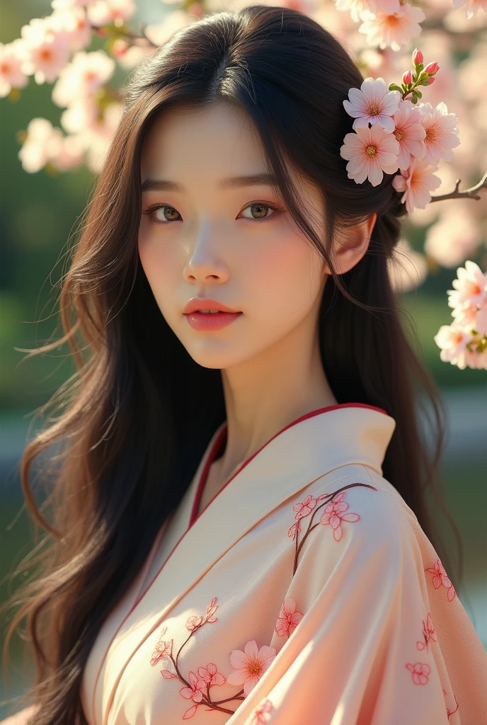 An elegantly dressed Japanese woman in natural light、A close-up of her chest and calm expression.、It shows her inner peace and outer charm.。