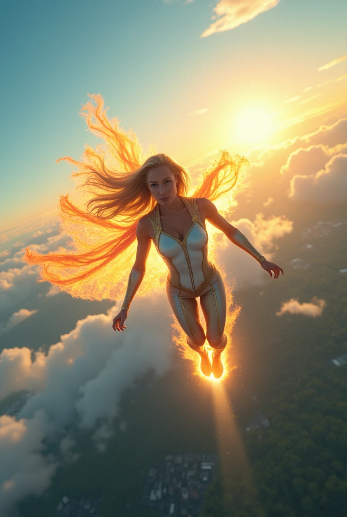 A female superhero with blonde hair wearing a metallic tight white suit she has a cape made of fire she is flying in the sky, photo, cinematic