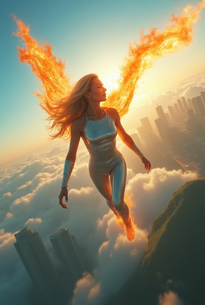 A female superhero with blonde hair wearing a metallic tight white suit she has a cape made of fire she is flying in the sky, photo, cinematic