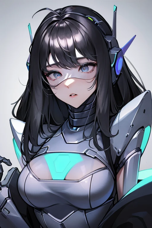 empty eyes,robotized woman ,big bust,Robot Joint ,Metal skin,Black Suit,long hair,a suit that covers the whole body,mechanization,robot, antenna