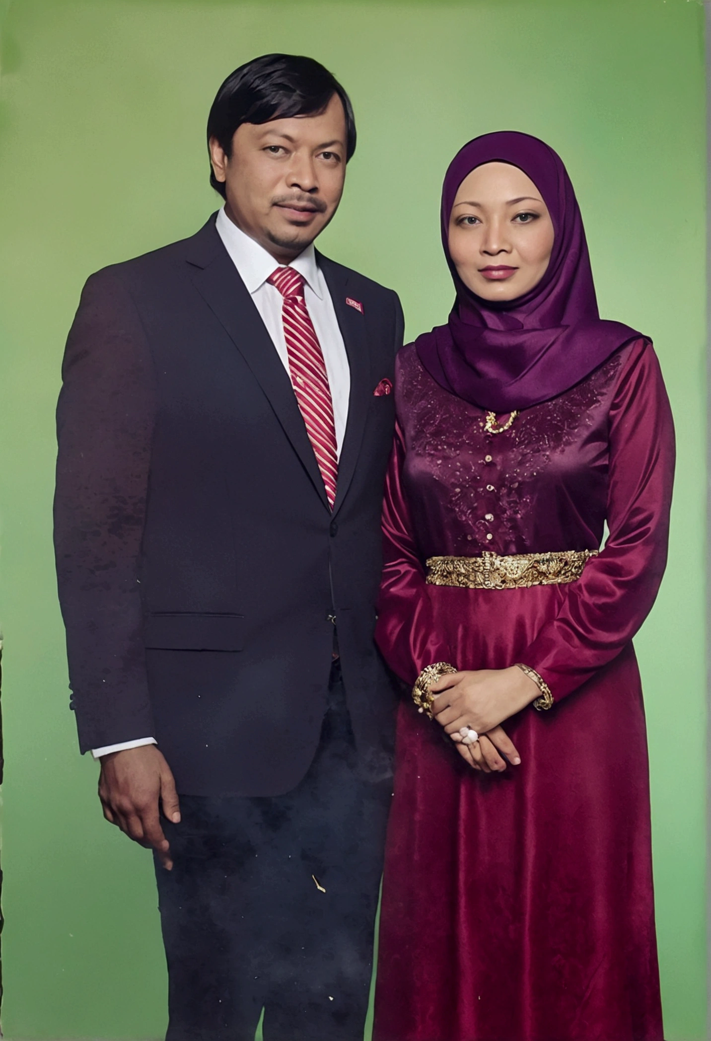 "Create a clear, high-resolution portrait of a middle-aged couple standing together. The man is dressed in a formal black suit with a red tie and has short black hair. The woman is wearing a maroon hijab and a matching maroon traditional dress. They are standing side by side, with a green backdrop behind them. Ensure the image is free of blemishes, stains, and any visible damage. The colors should be vibrant, and the overall look should be natural and realistic."