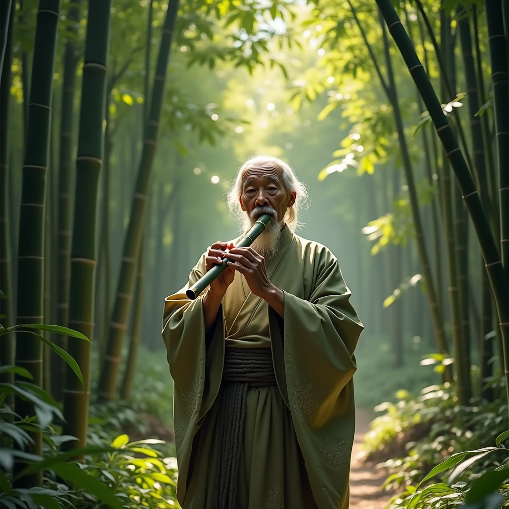 (A scene of a bamboo forest with a fantastical atmosphere;1.2)、Cool sounds echo from the bamboo grove.、An old man, a spirit of the bamboo, plays a bamboo flute.、Bamboo leaves rustle and fall in time with the melody.、The old man wears a strange garment, resembling both a Japanese kimono and a hermit's robe.、(Highest quality、masterpiece)、4K、wallpaper、