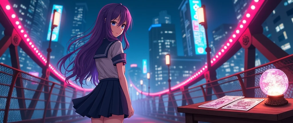Create an image of a female anime character standing on a bridge. The character has long, wavy violet hair. She is wearing a school uniform with a pleated skirt and a short jacket, in a classic schoolgirl style. The setting is a bridge in a city lit by neon lights at night. The atmosphere is energetic and vibrant, with intense colors and movement. The style of the image is classic anime with defined lines and bright colors.
intricately (Tarot cards: laying on a wooden table next to a (detailed enchanted tarot cards deck:2.3) by carne griffiths, fortune teller room interior in the background with a sparklin Crystal ball, fantasy tarot cards, chiaroscuro, digital mixed media, CGSociety, featured on DeviantArt, trending_on_ArtStation, dynamic, splash_screen_art, dramatic lighting, radial_lighting