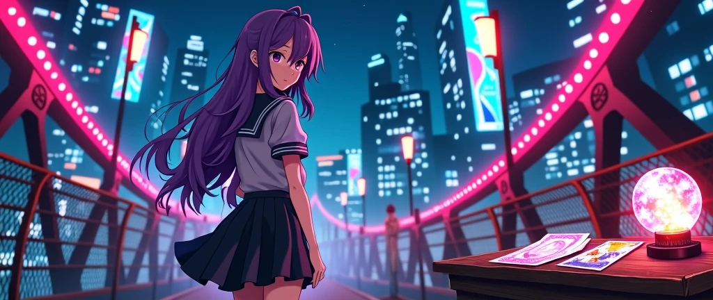 Create an image of a female anime character standing on a bridge. The character has long, wavy violet hair. She is wearing a school uniform with a pleated skirt and a short jacket, in a classic schoolgirl style. The setting is a bridge in a city lit by neon lights at night. The atmosphere is energetic and vibrant, with intense colors and movement. The style of the image is classic anime with defined lines and bright colors.
 intricately (Tarot cards: laying on a wooden table next to a (detailed enchanted tarot cards deck:2.3) by carne griffiths, fortune teller room interior in the background with a sparklin Crystal ball, fantasy tarot cards, chiaroscuro, digital mixed media, CGSociety, featured on DeviantArt, trending_on_ArtStation, dynamic, splash_screen_art, dramatic lighting, radial_lighting