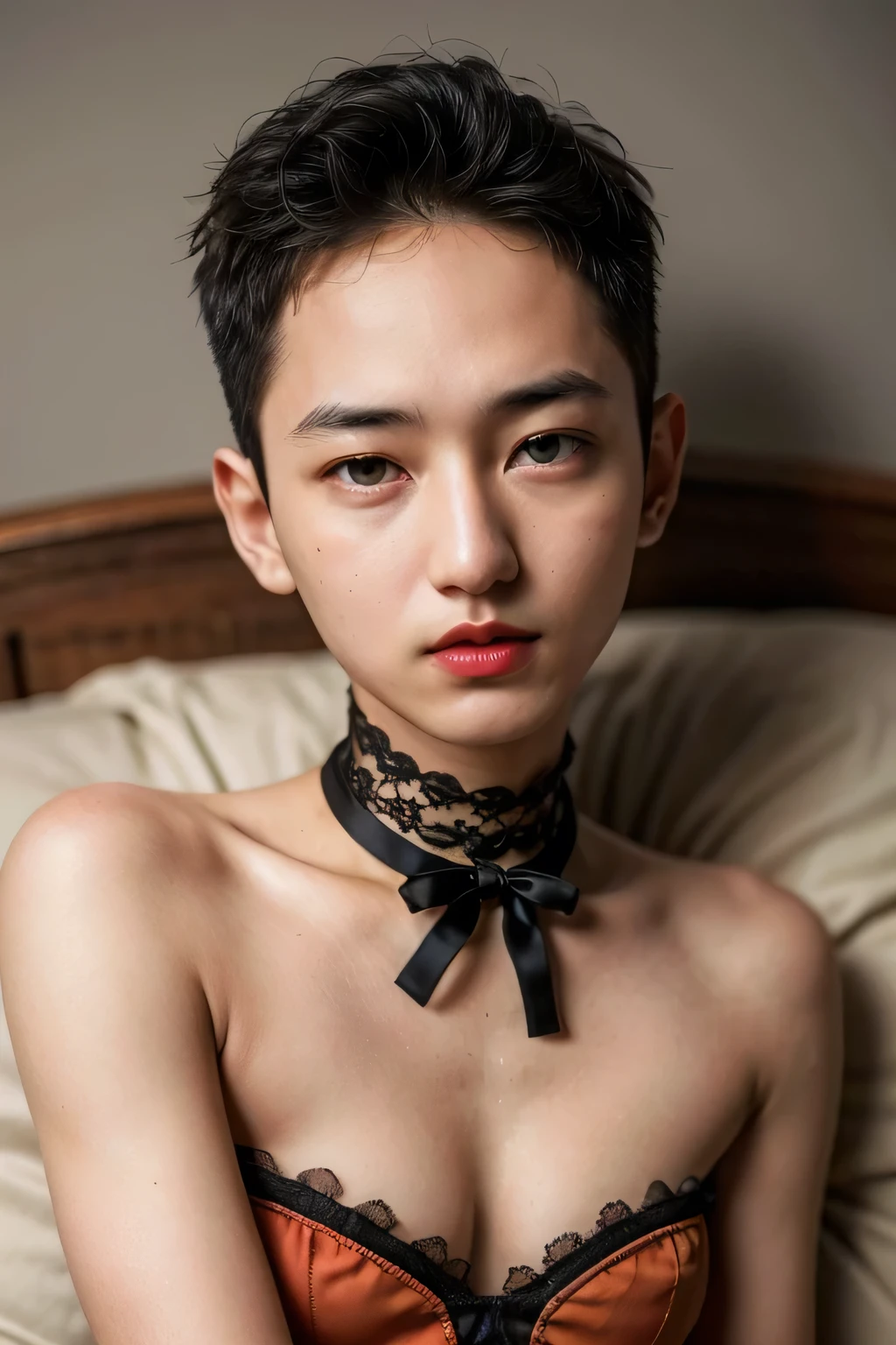 ((9x-UltraSharp)), ((SMALL HEAD)), ((NECK LACE)), Spread, ((SLEEPING LIE DOWN FEMBOY)), (((SAD FACE EXPRESSION:1.1)), ((NECK LACE)), ((GOTHIC EYELASHES & LIPS)), ((LIPS)), ((MEN'S STYLE SHORTHAIRCUT)), adorable, 1 girl, (face to face), s old, baby face, happy, half body portrait, (face details: 1), (eye details: 1), ((tiny breasts)). ((Sports Strapless)), ((net stockings)), ((red lips)), (((LIGHT YELLOW NAKED)))