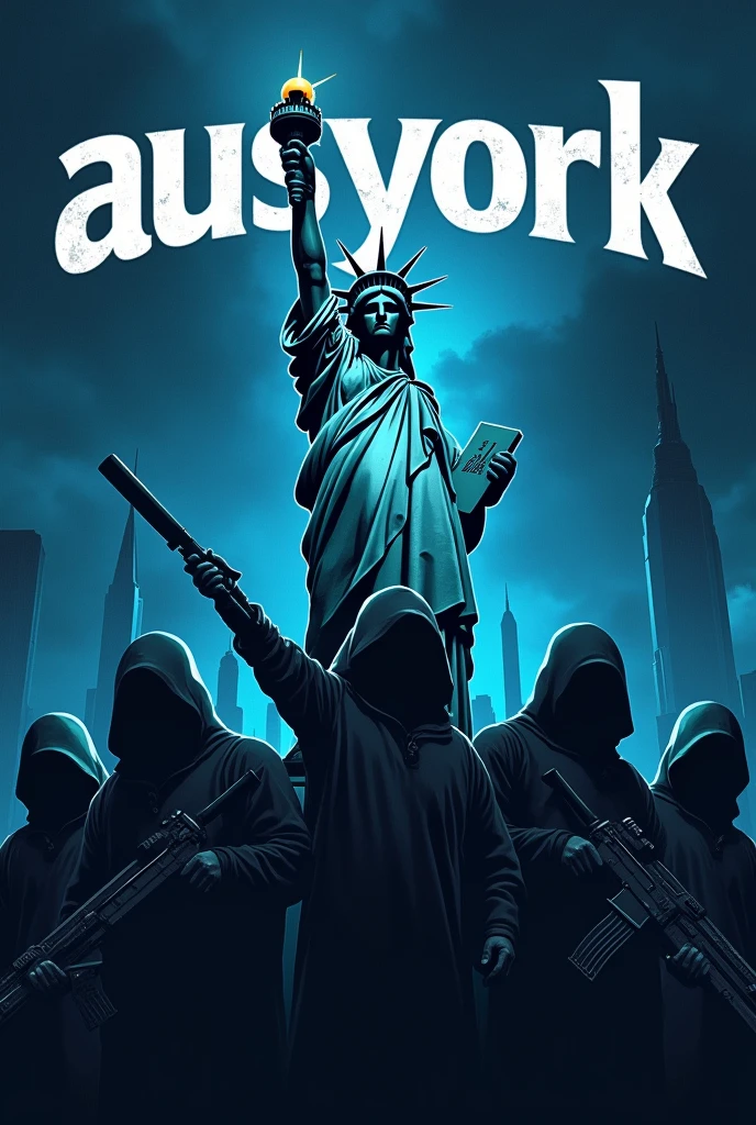 Realistic logo of the Statue of Liberty accompanied by people with weapons hooded in blue tones and saying “ausyork” with the striking name