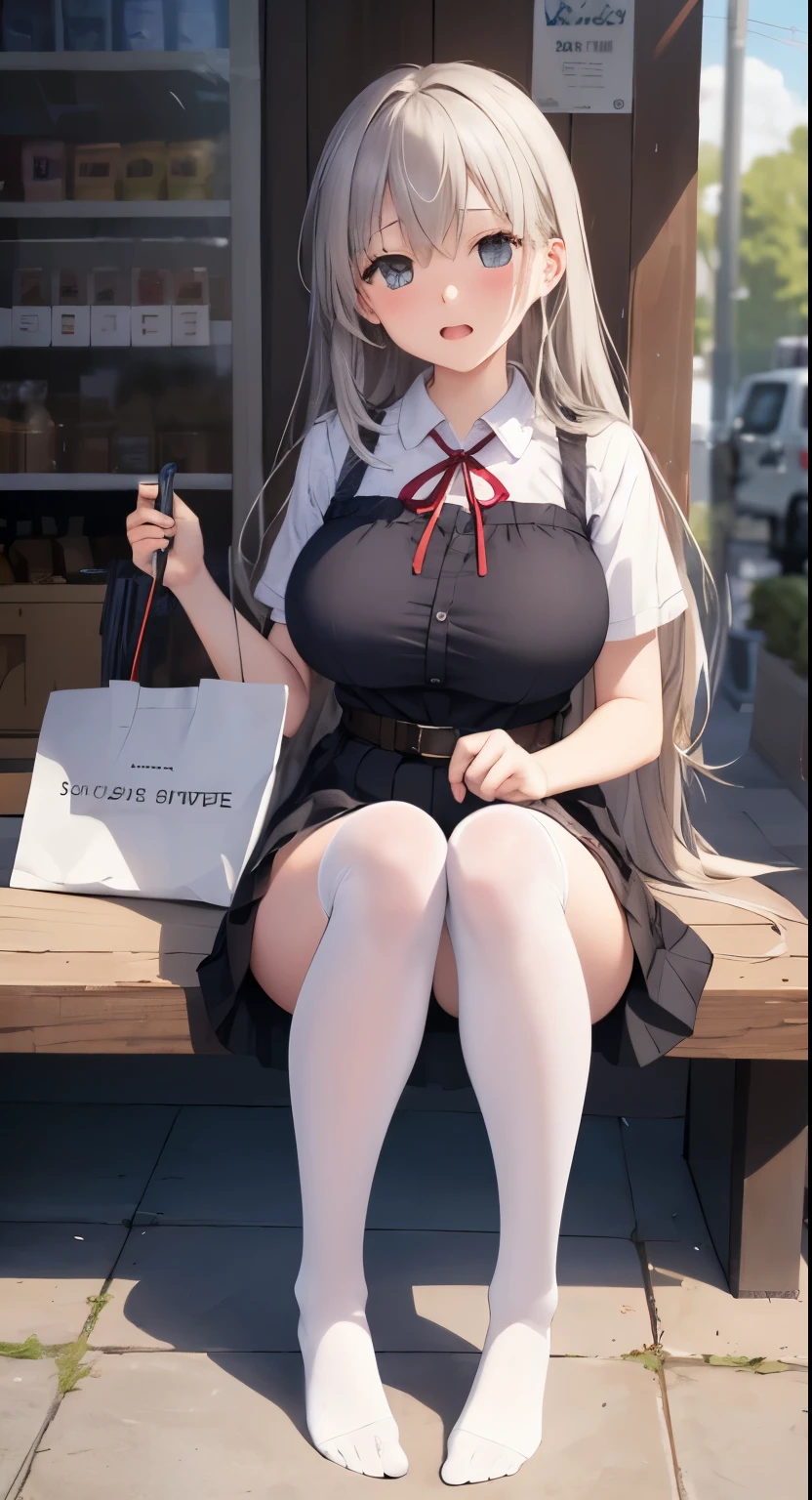 Big Breasts:1.2、、Highest quality、Very detailed、Highly realistic eye masterpiece、Highest quality、Very detailed、Gray Hair、Perfect Face、Long Hair、White Dress、Sundress、anime、countryside、Gutter Belt、White Stockings、{{{{{M-shaped feet}}}}}、Browsing Caution、Slightly transparent、share、I can see that、hide、The wind is blowing、Skirt rolled up、glimpse under、Pussy、Pee、urination、Squirting、Love Juice、Drooping 、sit、Cafe、Inside the store、In public、crowd、Long skirt
