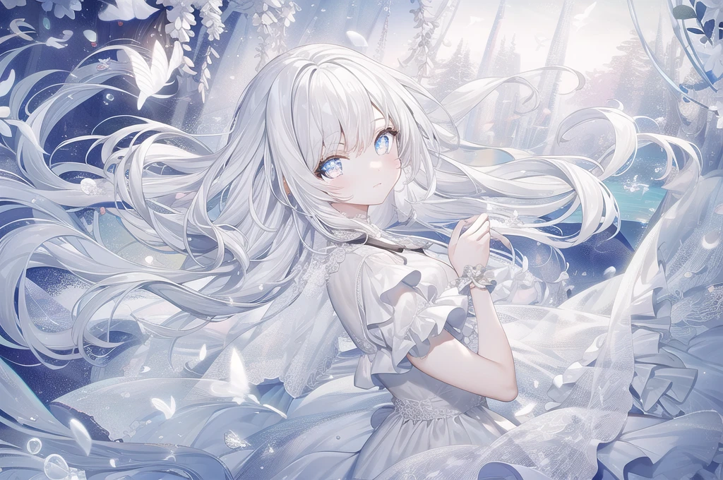 ((masterpiece, best quality))++, Detailed lighting+,  Detailed hair+, Detail hand+ ,1 girl, Miss, Long hair,   Crimson eyes,  beautiful eyes, Young black and white hair,,(Beautiful black and white hair:1.5),(Beautiful and delicate eyes),  high resolution+,glass tint, Reflective eyes,   {{angle}} , Very detailed wallpaper, The original, Air bangs，Extremely beautiful CG，Firefly，Nature，ocean